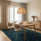 Teal Rocket Moon Starfield Theme Rug Dining Room View