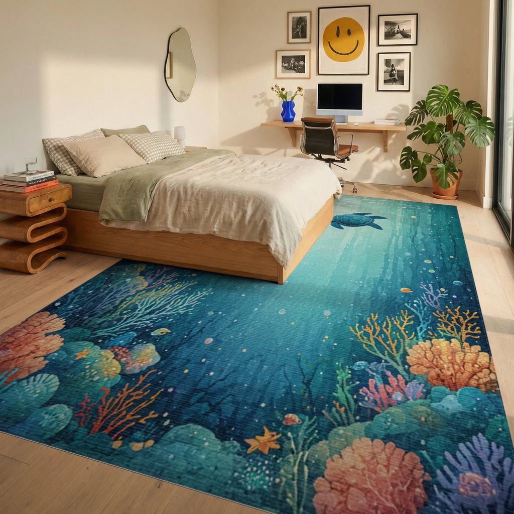 Teal Sea Turtle Coral Reef Rug Bedroom View