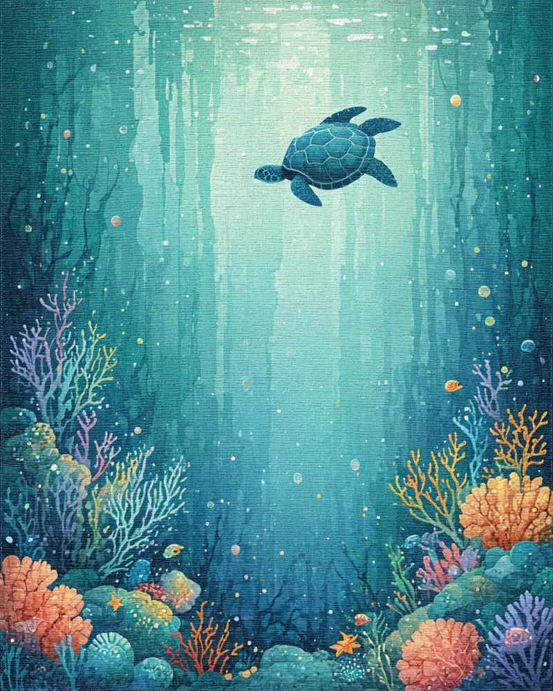 Teal Sea Turtle Coral Reef Rug - Cutout View