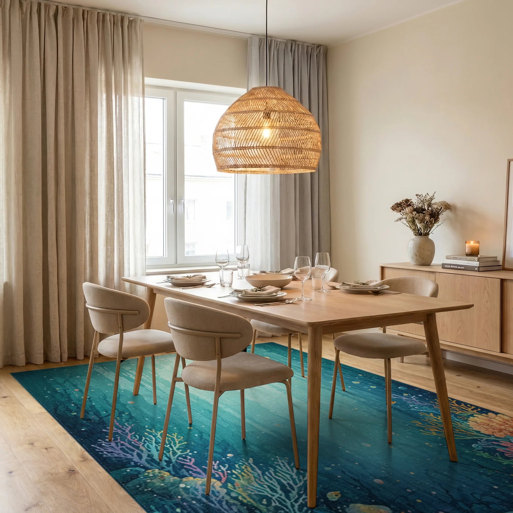 Teal Sea Turtle Coral Reef Rug Dining Room View