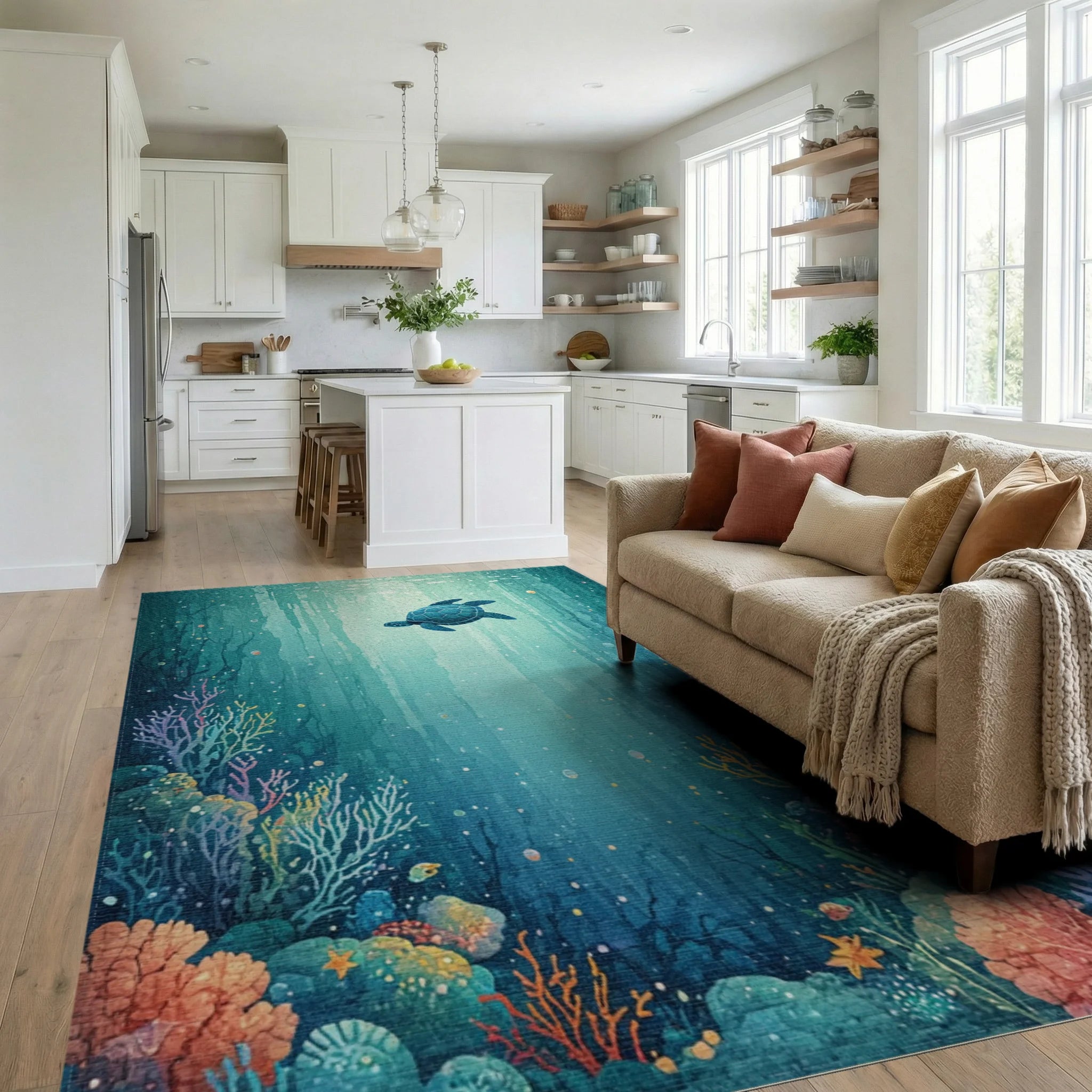 Teal Sea Turtle Coral Reef Rug Living Room View