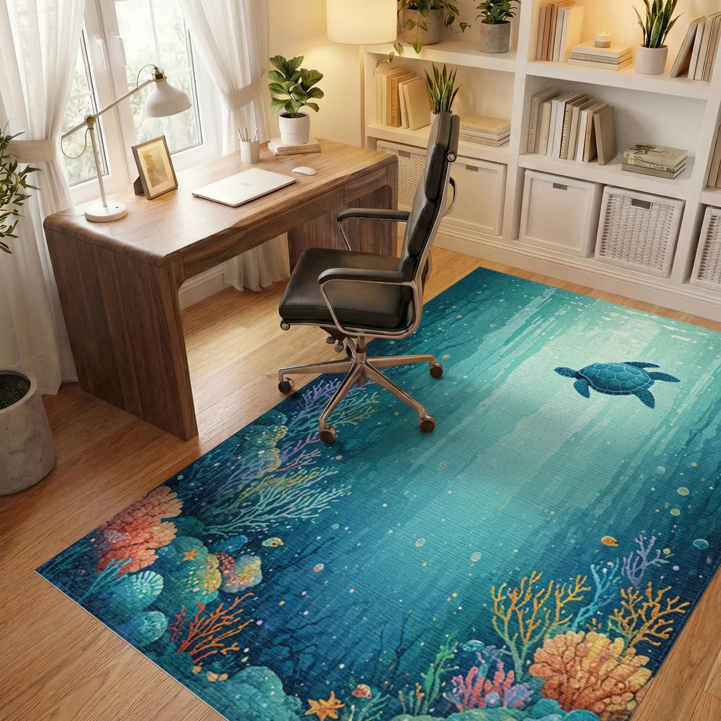 Teal Sea Turtle Coral Reef Rug Office View