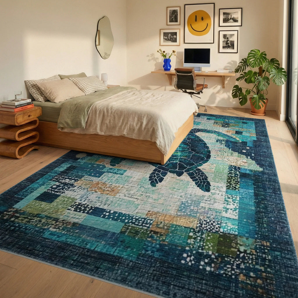 Teal Sea Turtle Textured Patchwork Rug - Bedroom View
