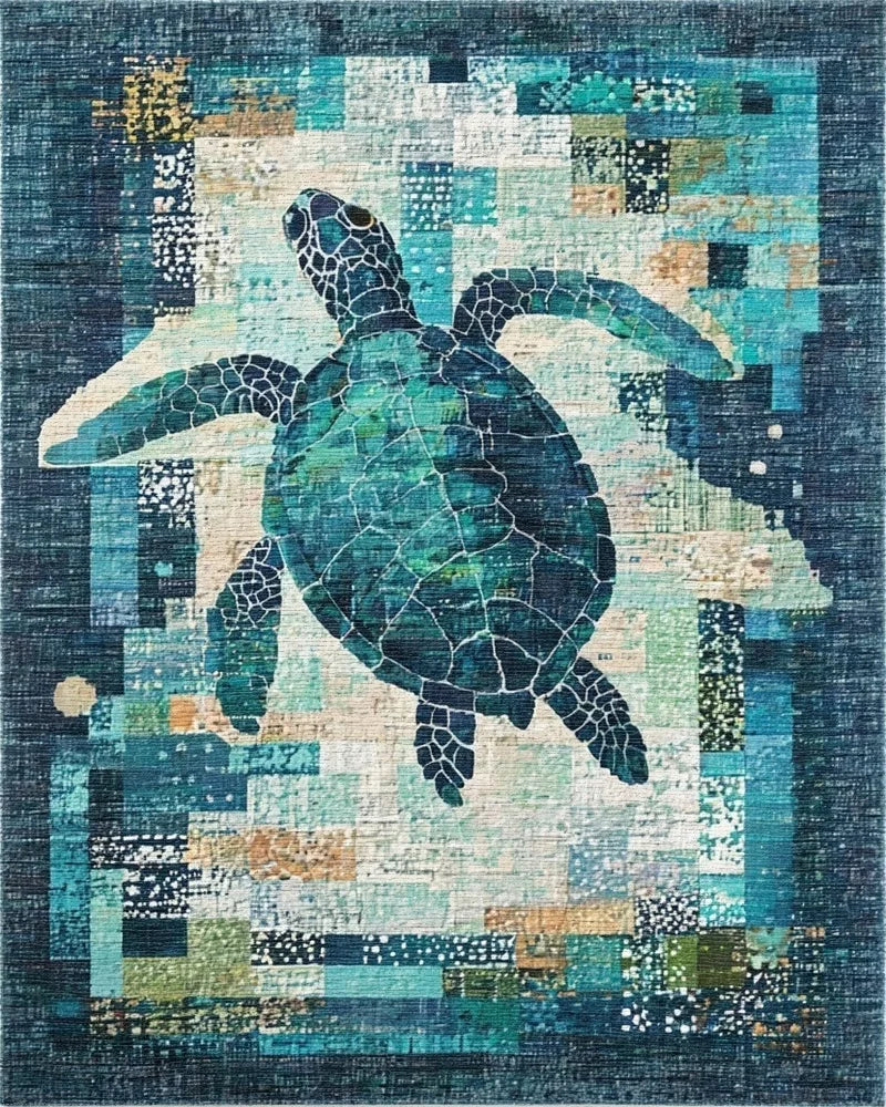 Teal Sea Turtle Textured Patchwork Rug - Cutout View
