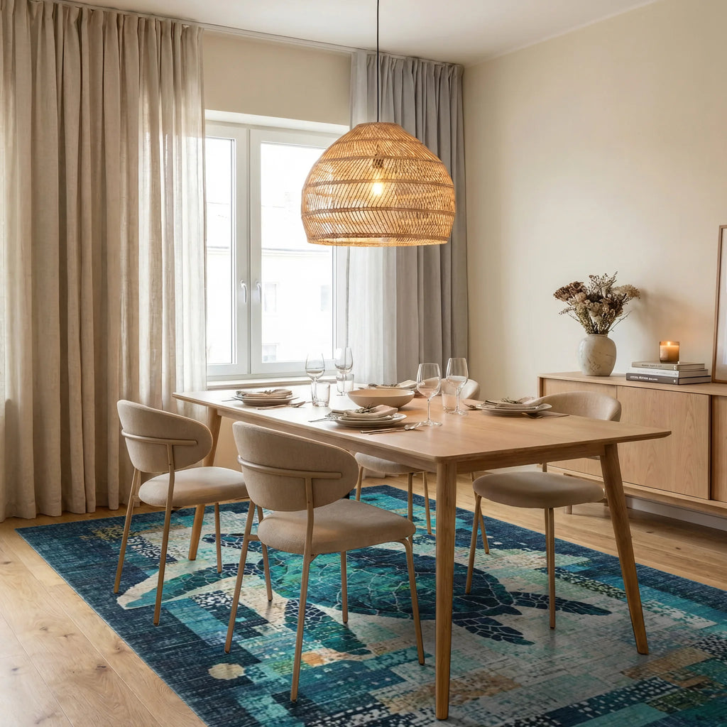 Teal Sea Turtle Textured Patchwork Rug - Dining Room View