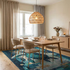 Teal Sea Turtle Textured Patchwork Rug - Dining Room View