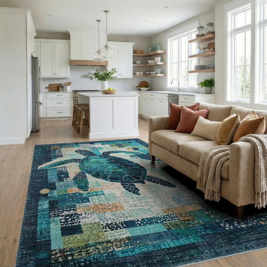 Teal Sea Turtle Textured Patchwork Rug - Living Room View
