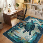 Teal Sea Turtle Textured Patchwork Rug - Office View