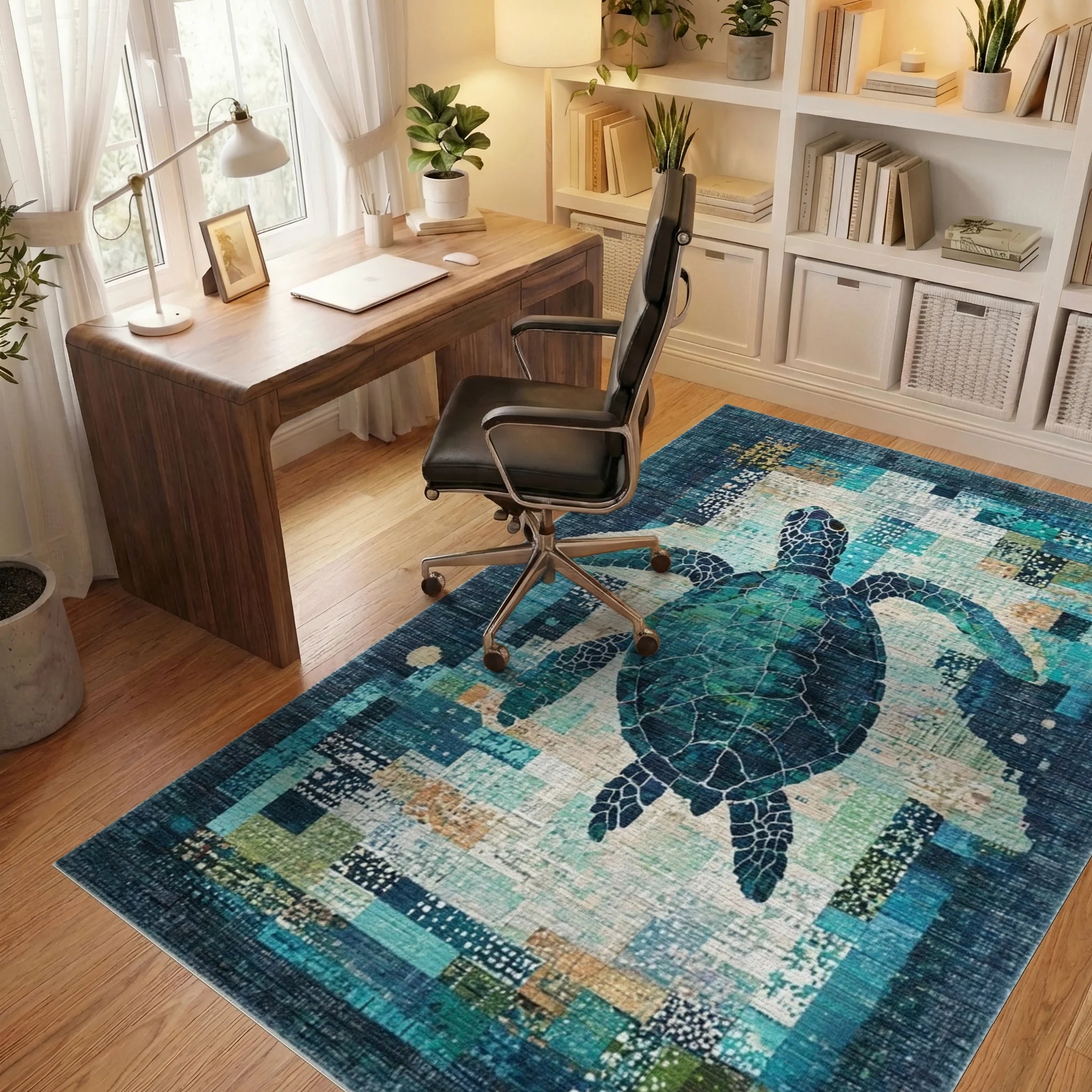 Teal Sea Turtle Textured Patchwork Rug - Office View