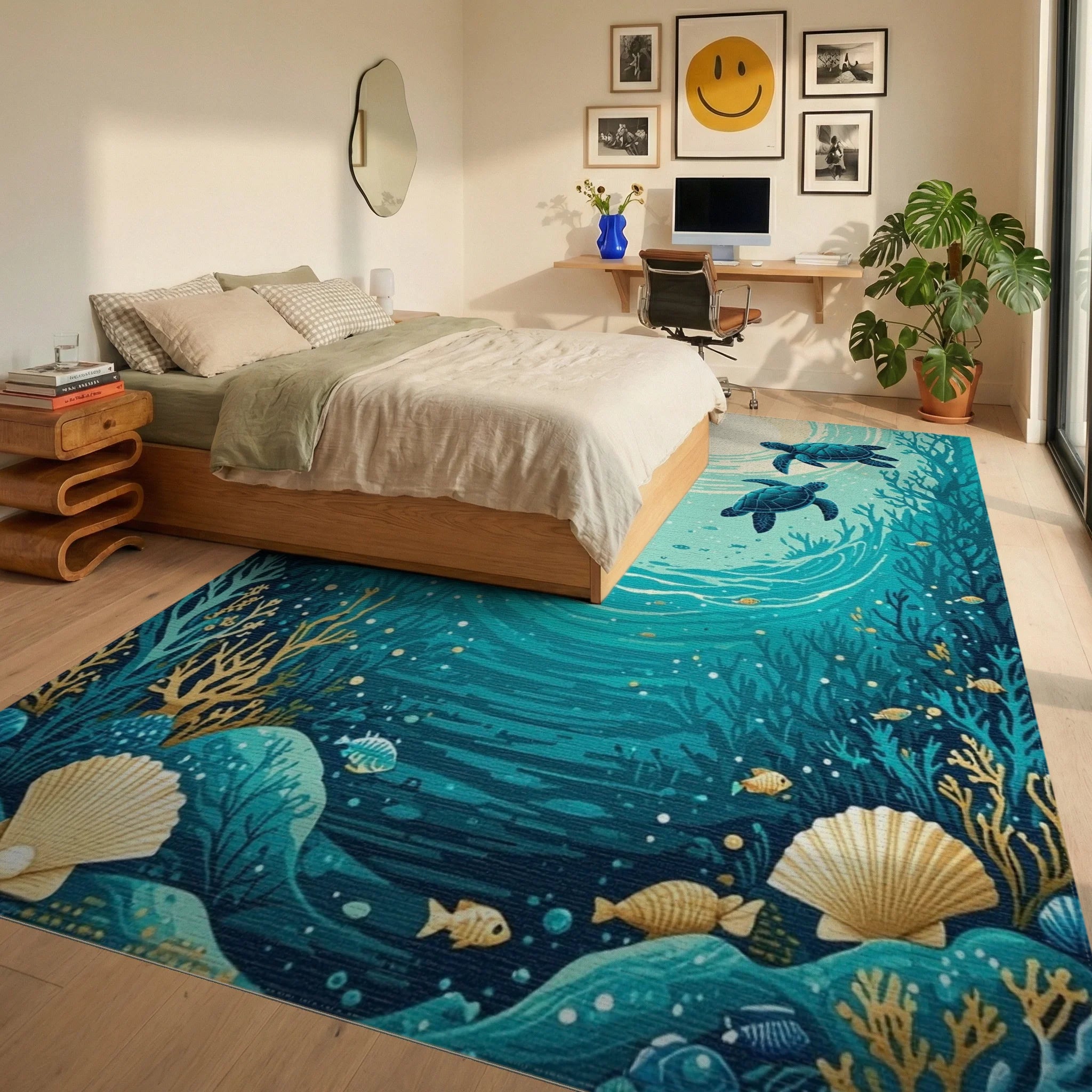 Teal Sea Turtles Coral Reef Rug Bedroom View