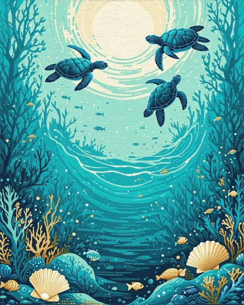 Teal Sea Turtles Coral Reef Rug - Cutout View