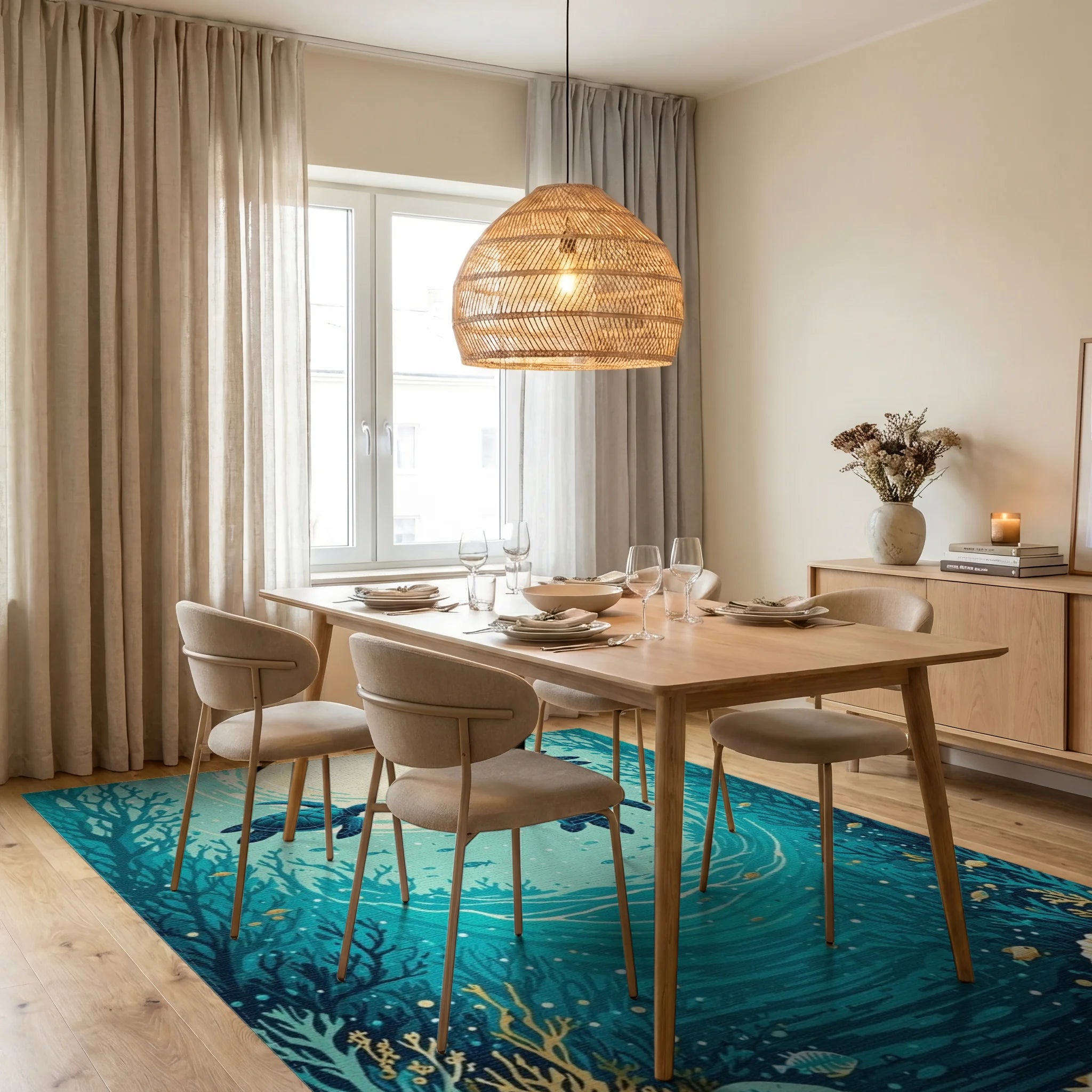 Teal Sea Turtles Coral Reef Rug Dining Room View