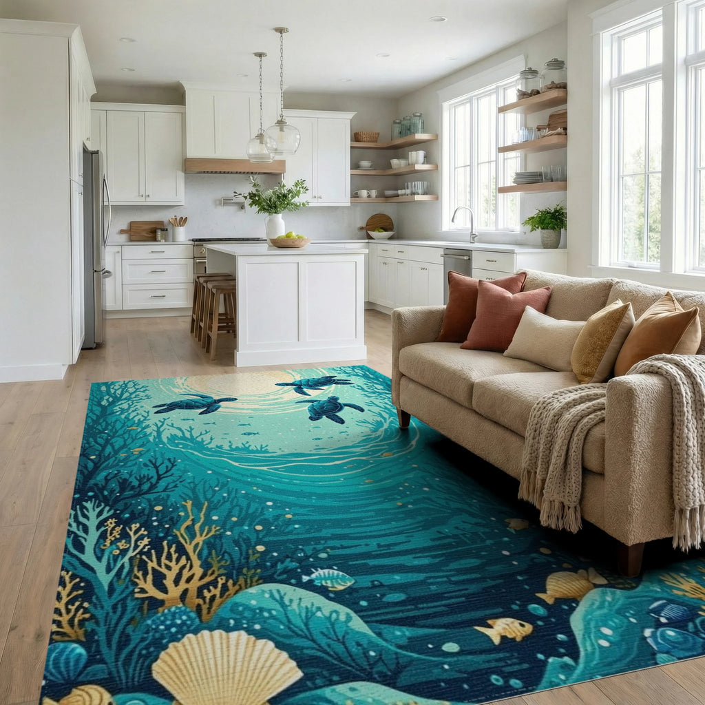 Teal Sea Turtles Coral Reef Rug Living Room View