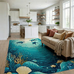 Teal Sea Turtles Coral Reef Rug Living Room View