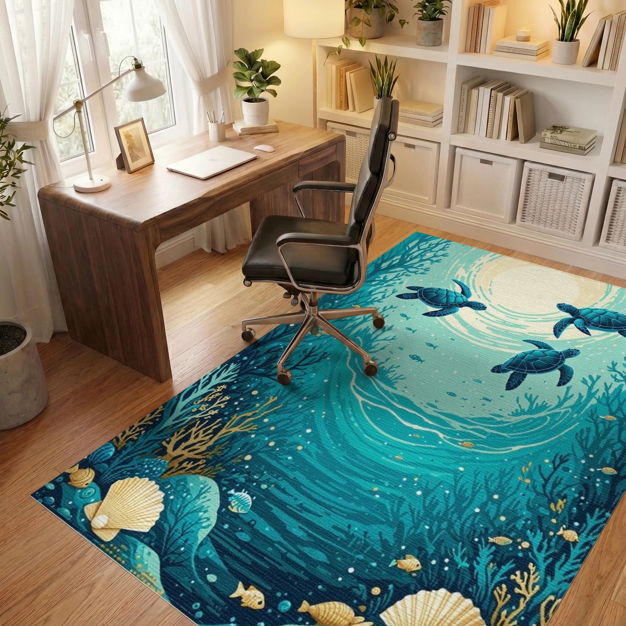 Teal Sea Turtles Coral Reef Rug Office View