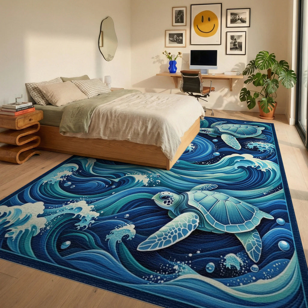 Teal Sea Turtles Swirling Waves Rug - Bedroom View