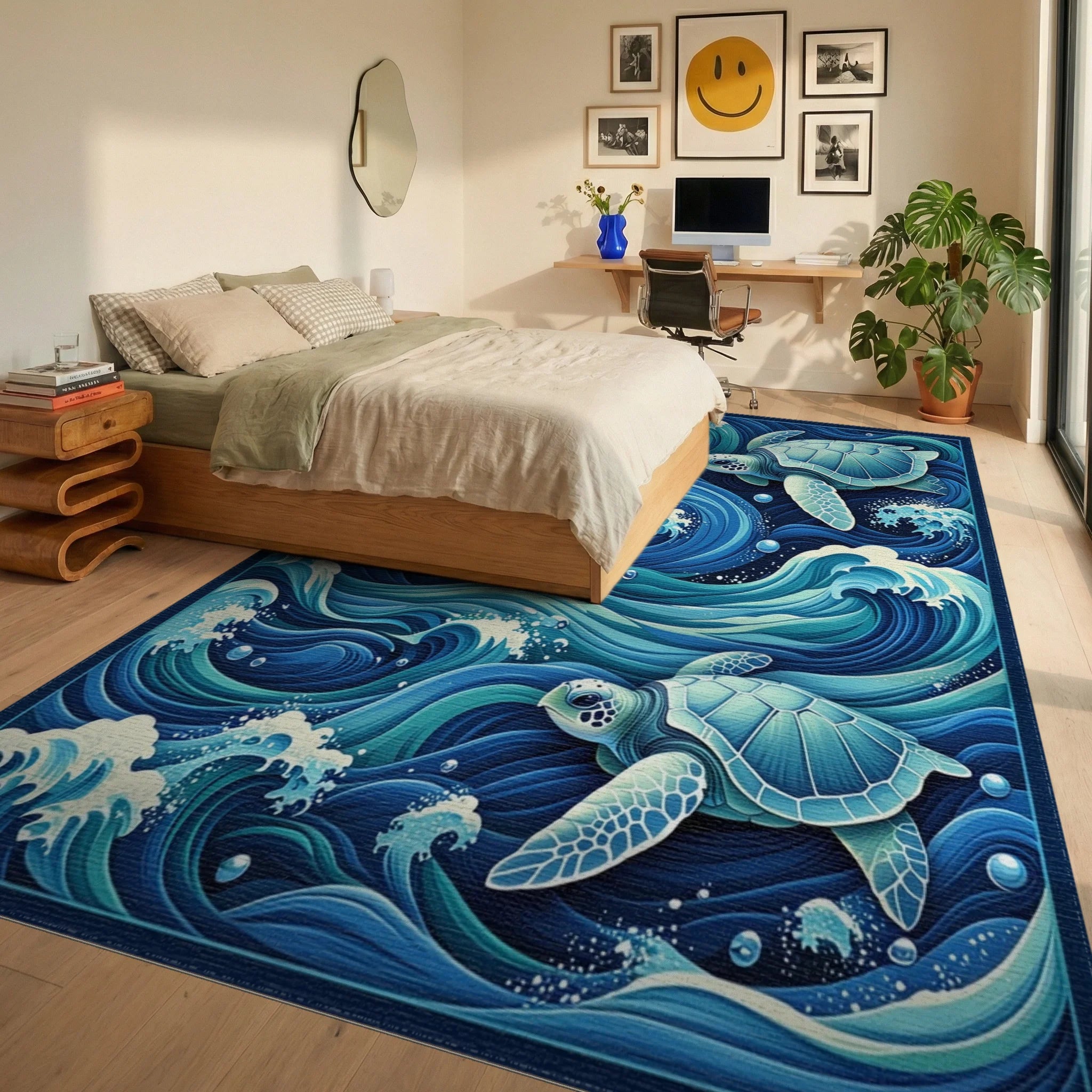 Teal Sea Turtles Swirling Waves Rug - Bedroom View