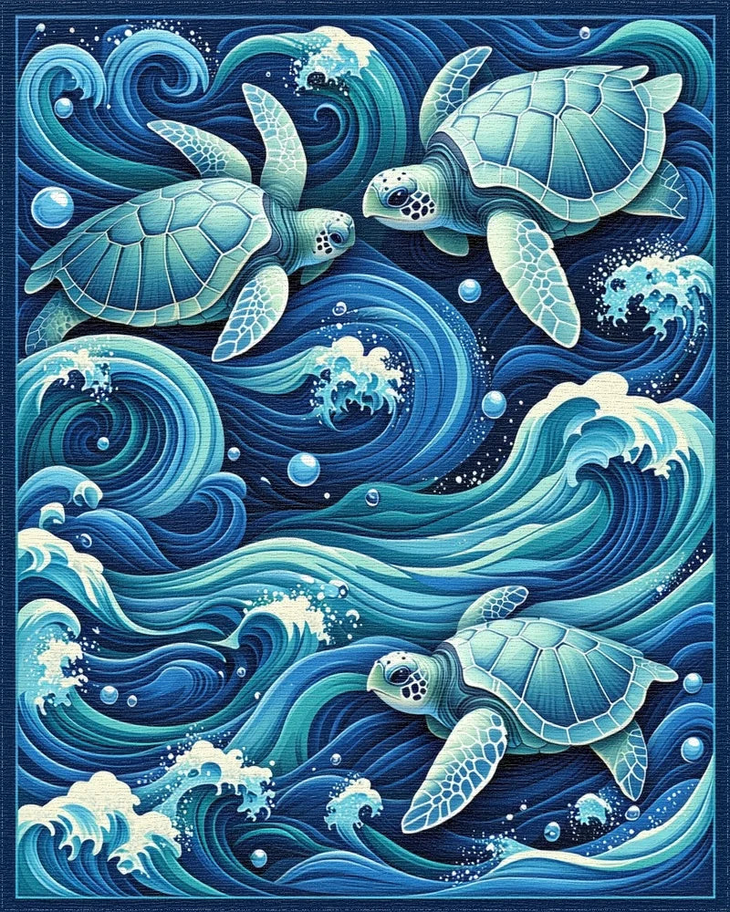 Teal Sea Turtles Swirling Waves Rug - Cutout View