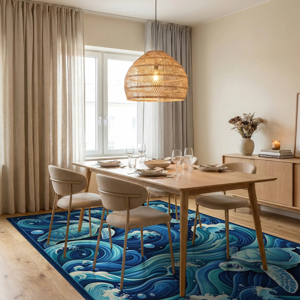 Teal Sea Turtles Swirling Waves Rug - Dining Room View