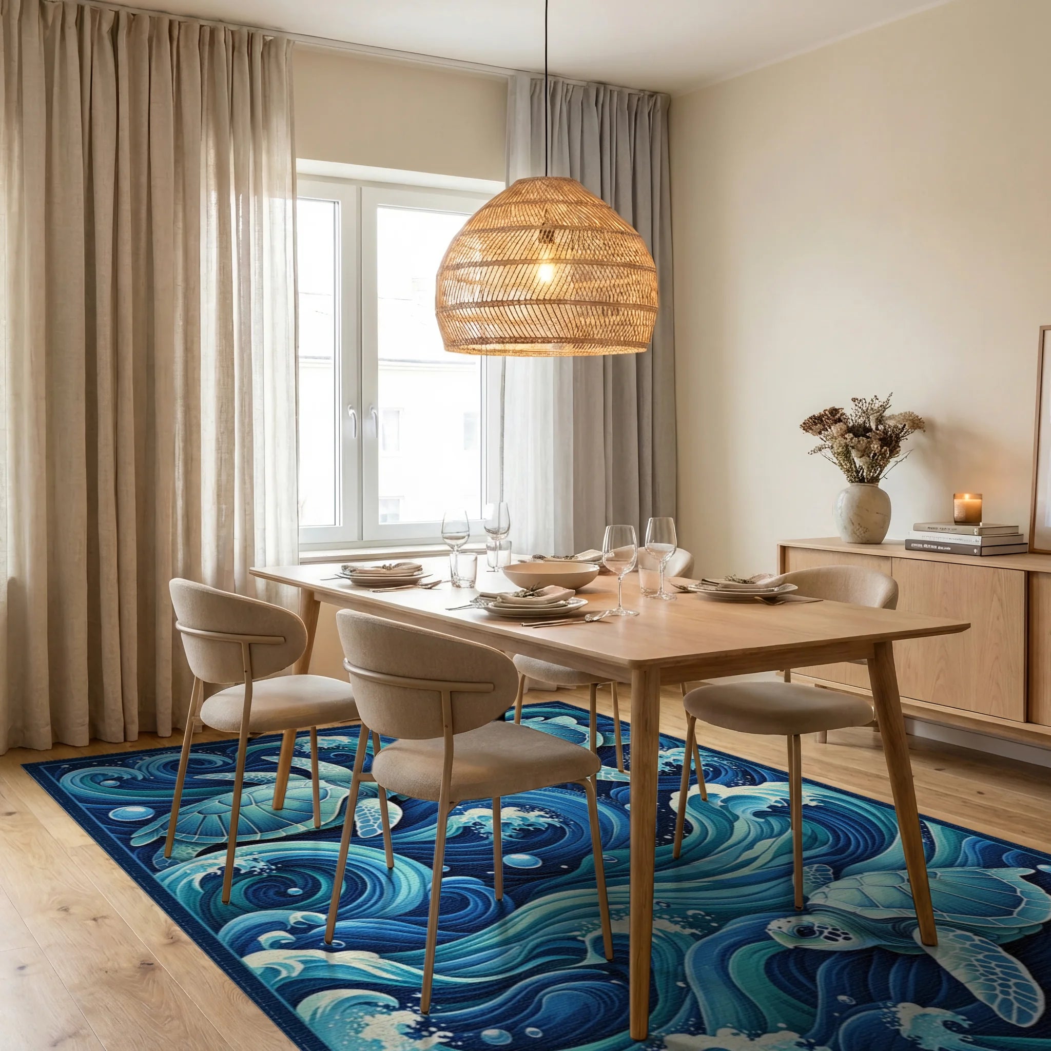Teal Sea Turtles Swirling Waves Rug - Dining Room View