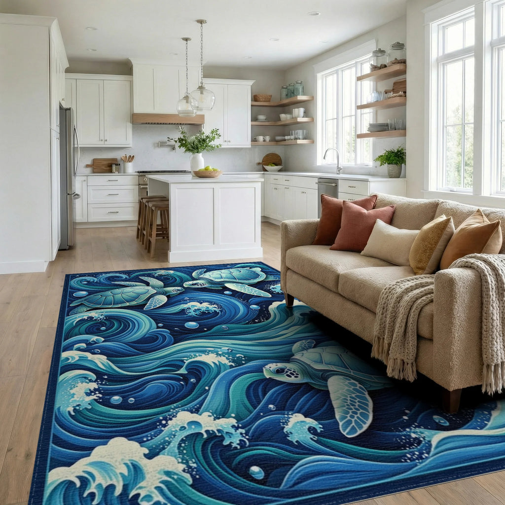 Teal Sea Turtles Swirling Waves Rug - Living Room View