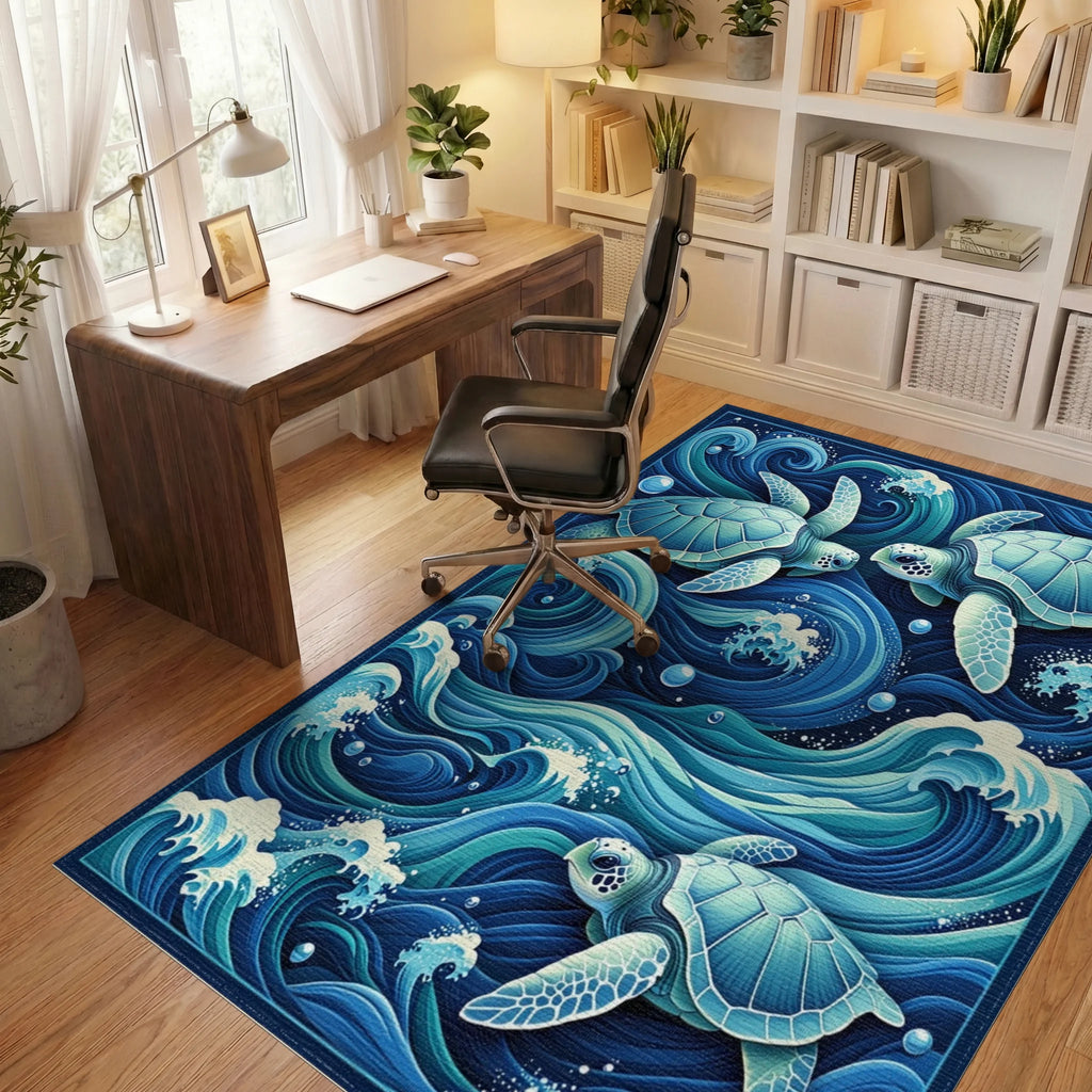 Teal Sea Turtles Swirling Waves Rug - Office View