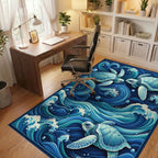 Teal Sea Turtles Swirling Waves Rug - Office View