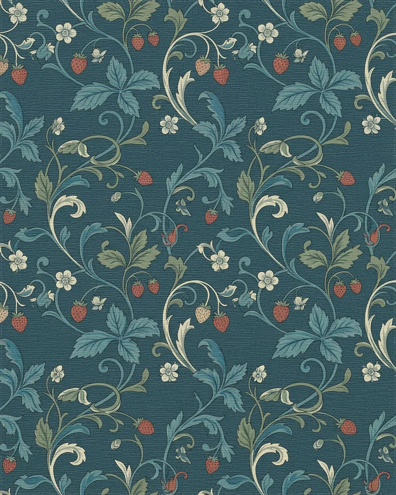 Teal Strawberry Vine Floral Rug - Cutout View