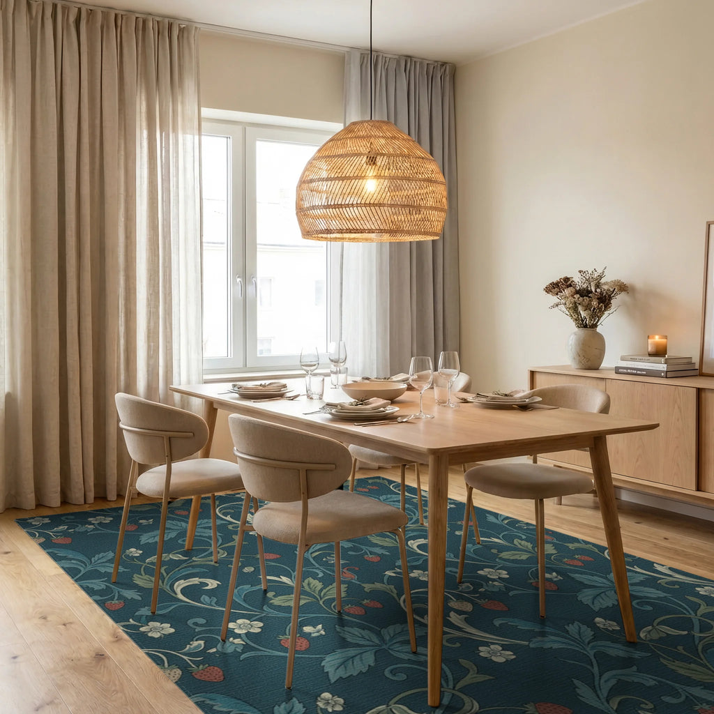 Teal Strawberry Vine Floral Rug Dining Room View
