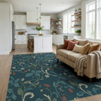 Teal Strawberry Vine Floral Rug Living Room View