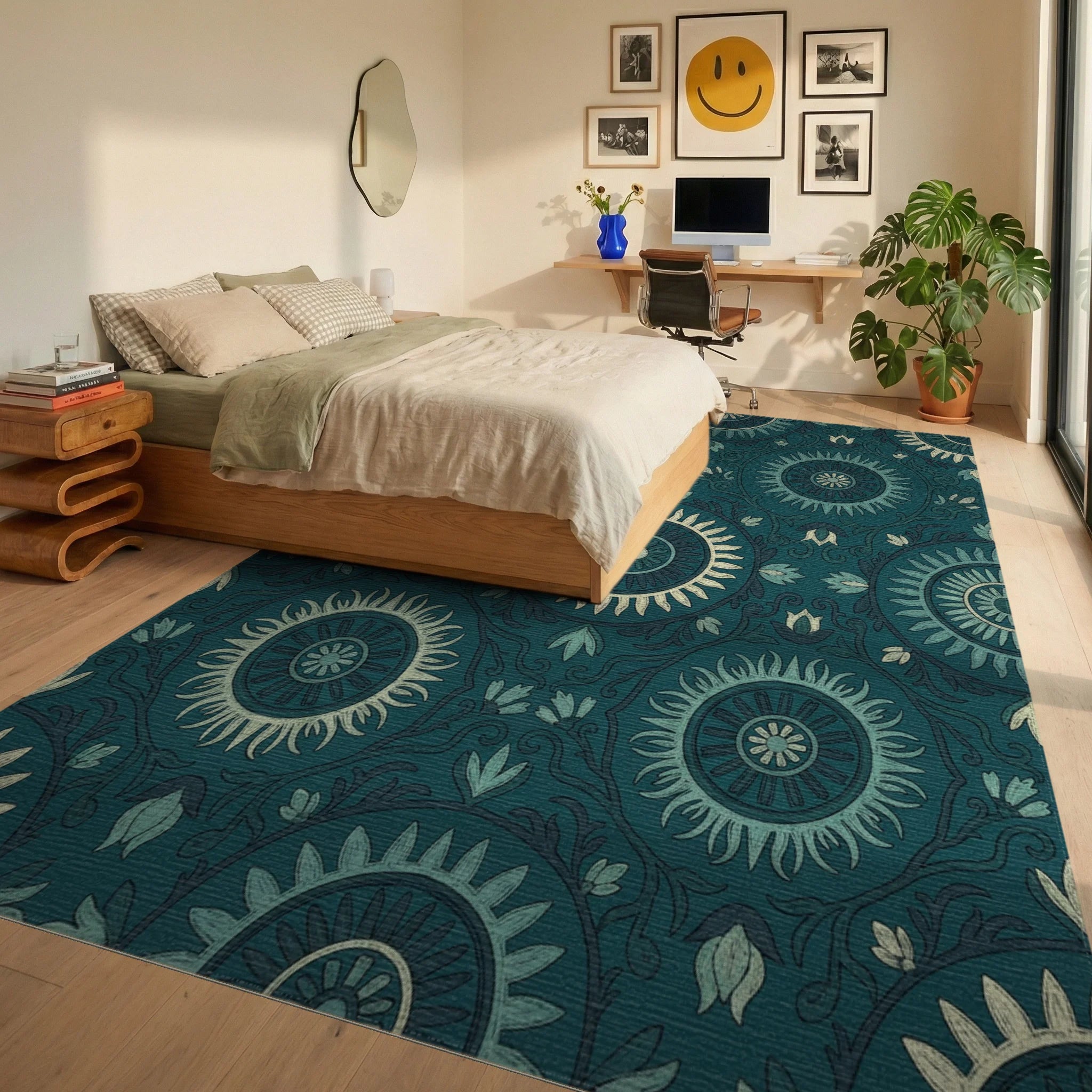 Teal Sunburst Medallion Floral Rug Bedroom View