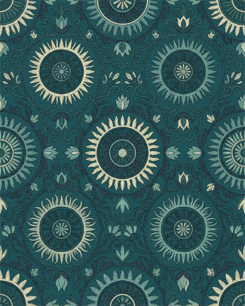 Teal Sunburst Medallion Floral Rug - Cutout View