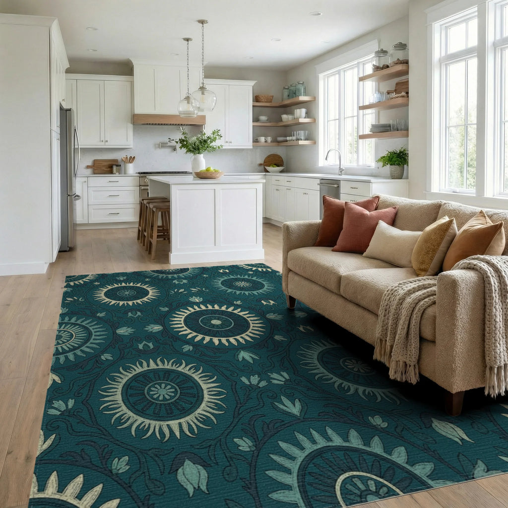 Teal Sunburst Medallion Floral Rug Living Room View