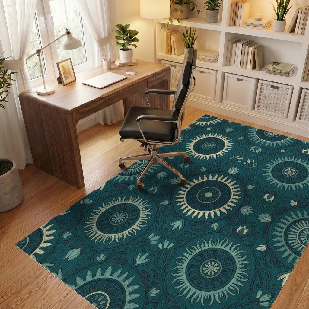 Teal Sunburst Medallion Floral Rug Office View