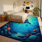 Teal Sunlit Shark Depths Rug - Bedroom View