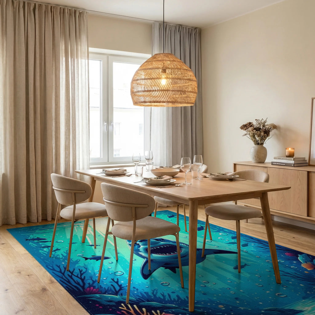 Teal Sunlit Shark Depths Rug - Dining Room View
