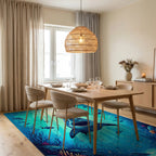 Teal Sunlit Shark Depths Rug - Dining Room View