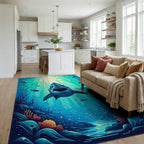 Teal Sunlit Shark Depths Rug - Living Room View