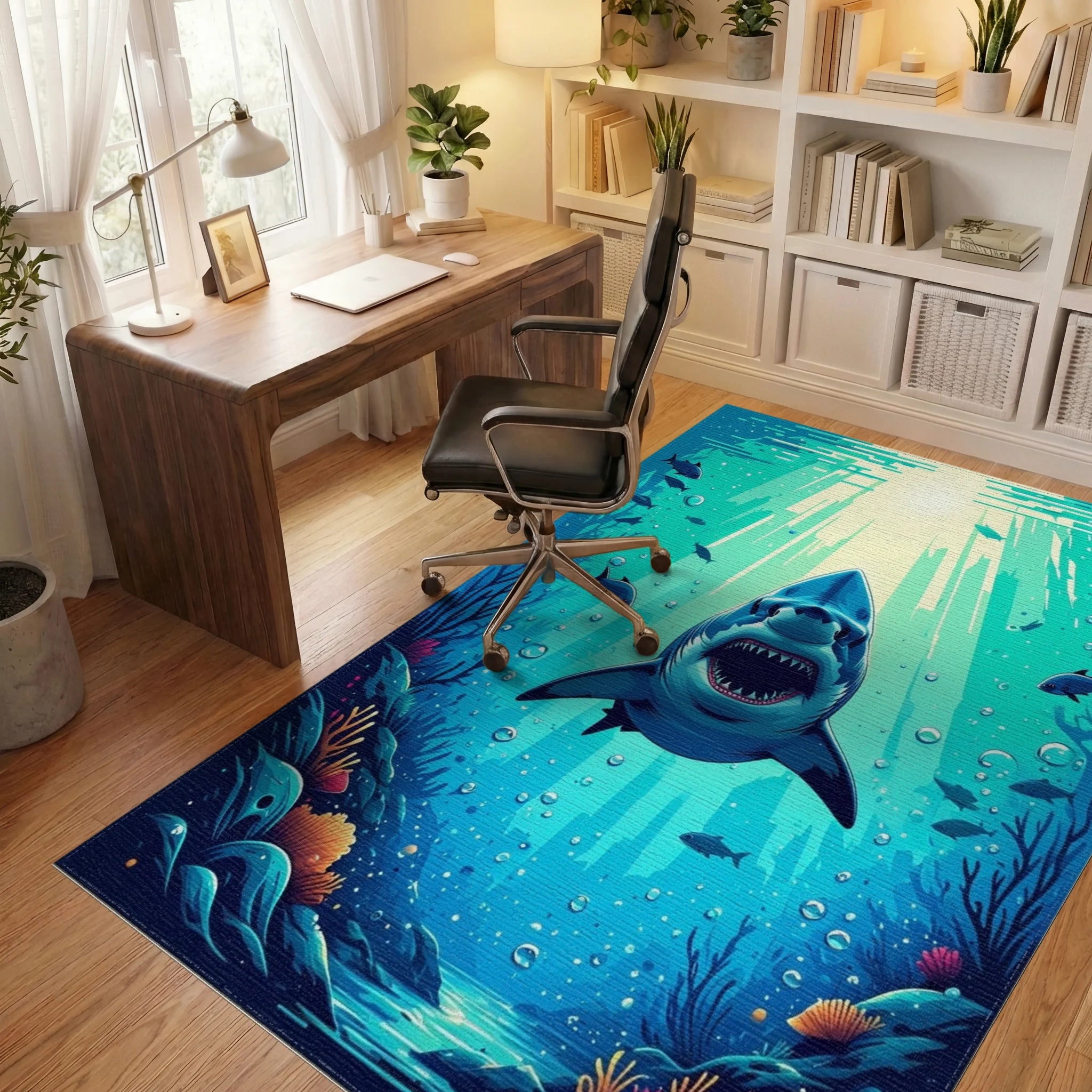 Teal Sunlit Shark Depths Rug - Office View