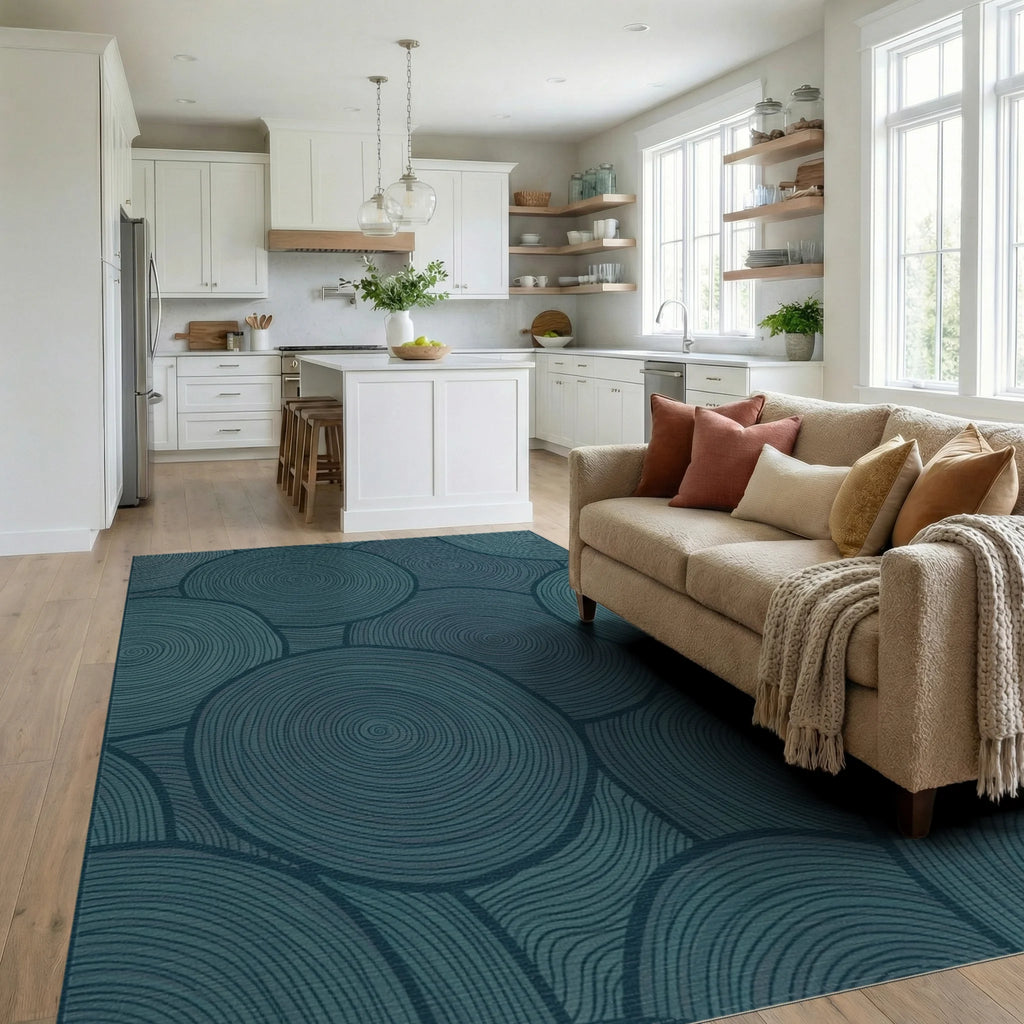 Teal Swirling Circles Organic Texture Rug Living Room View