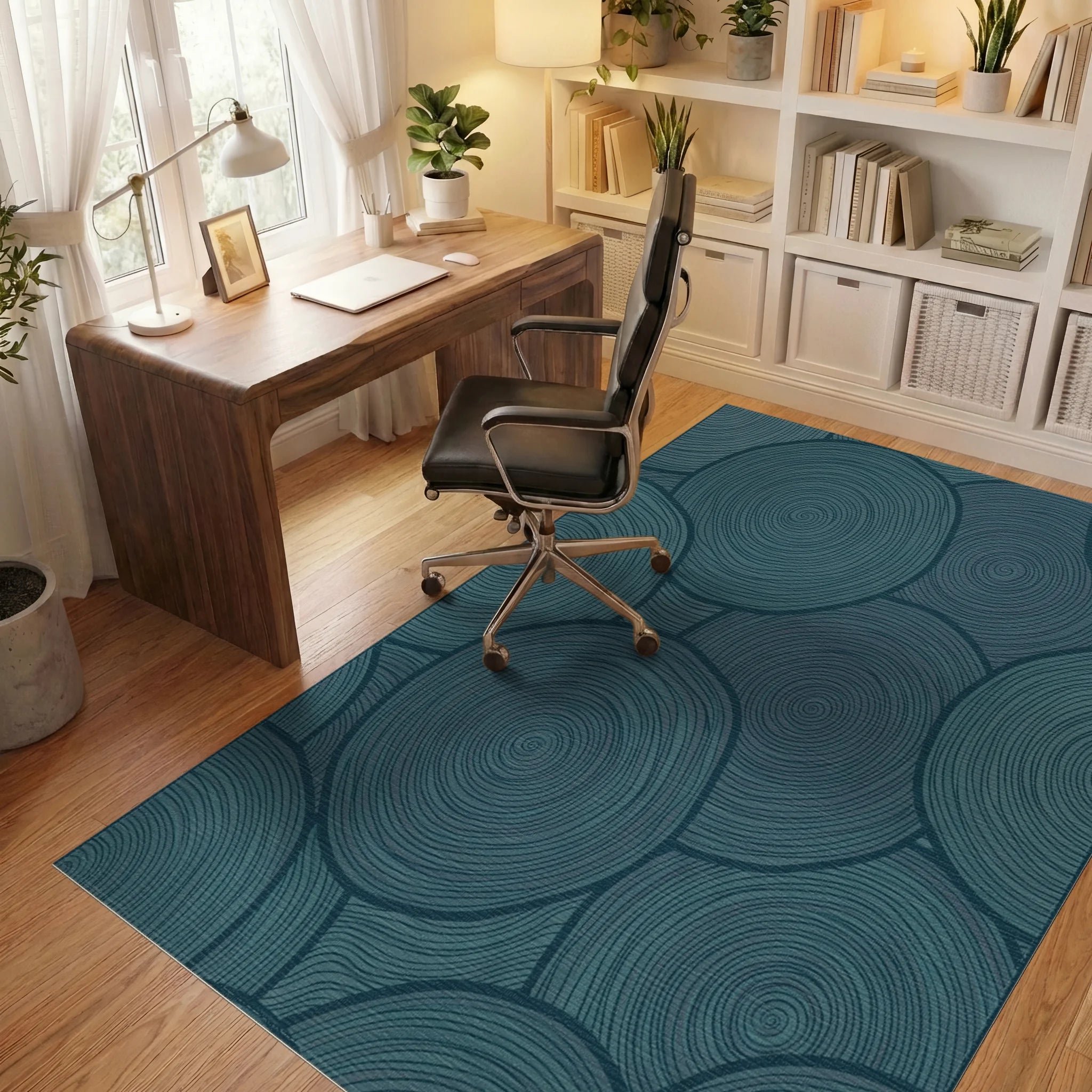 Teal Swirling Circles Organic Texture Rug Office View