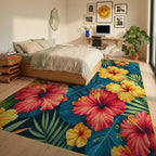 Teal Tropical Hibiscus Palm Rug - Bedroom View
