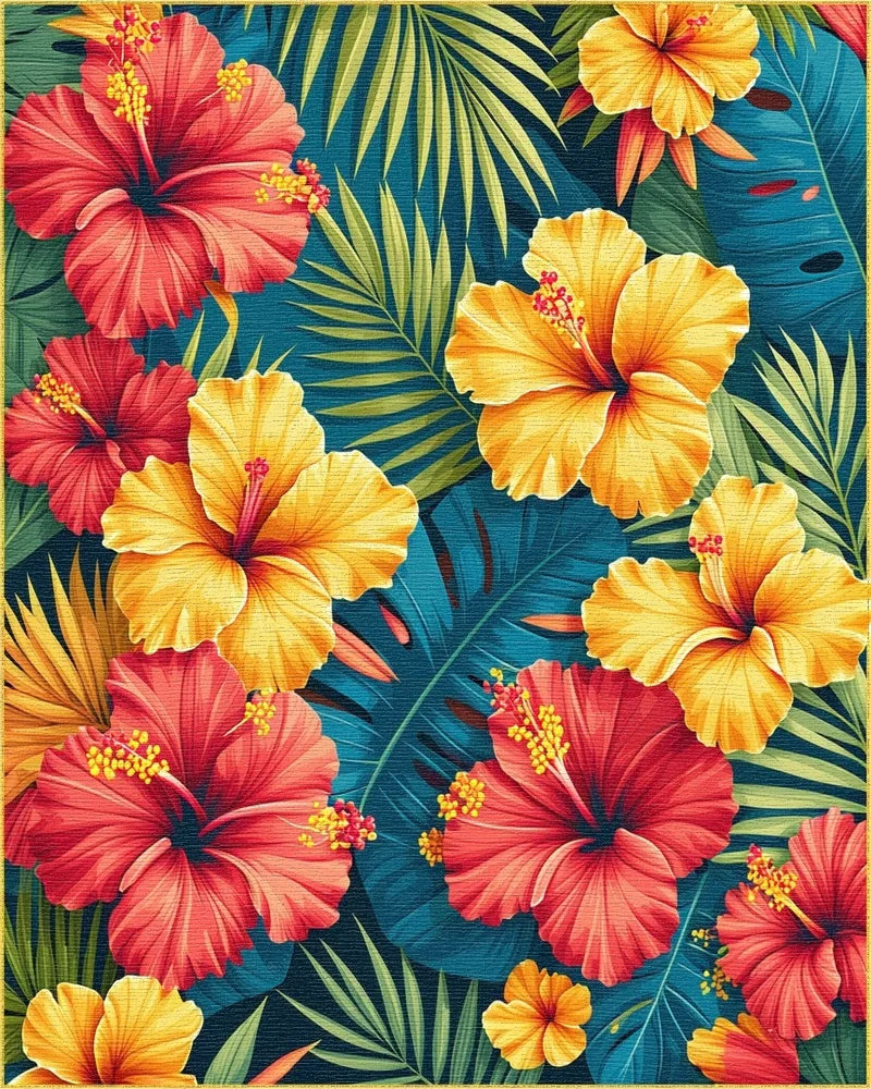 Teal Tropical Hibiscus Palm Rug - Cutout View