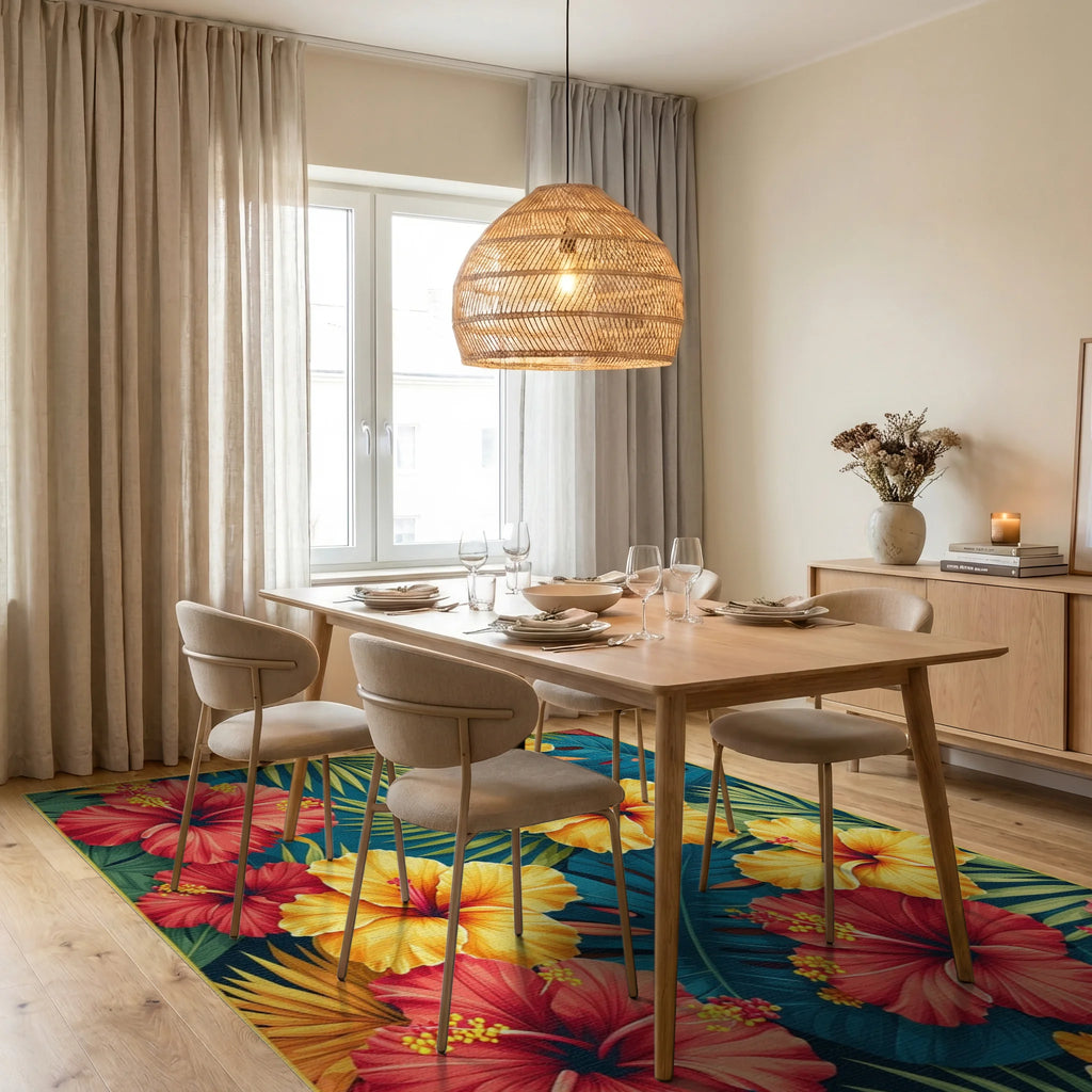 Teal Tropical Hibiscus Palm Rug - Dining Room View