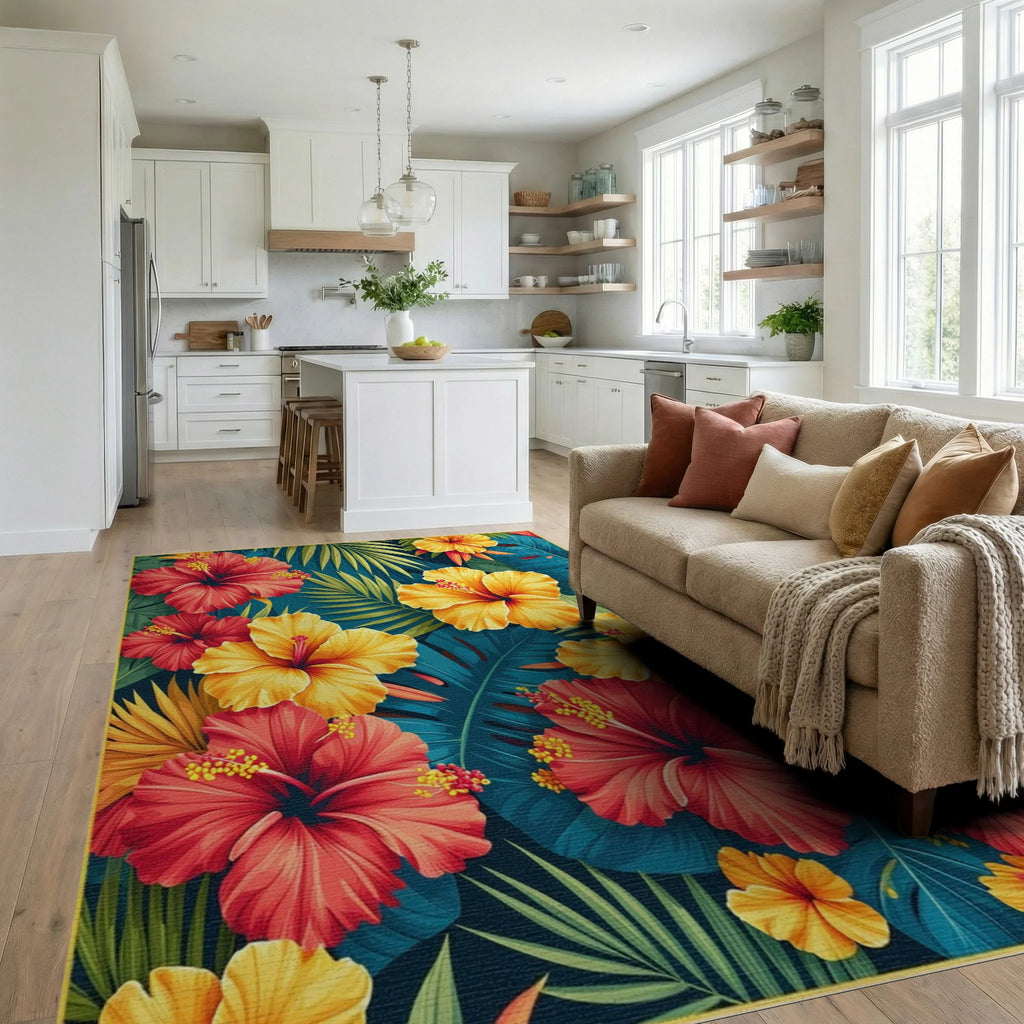 Teal Tropical Hibiscus Palm Rug - Living Room View