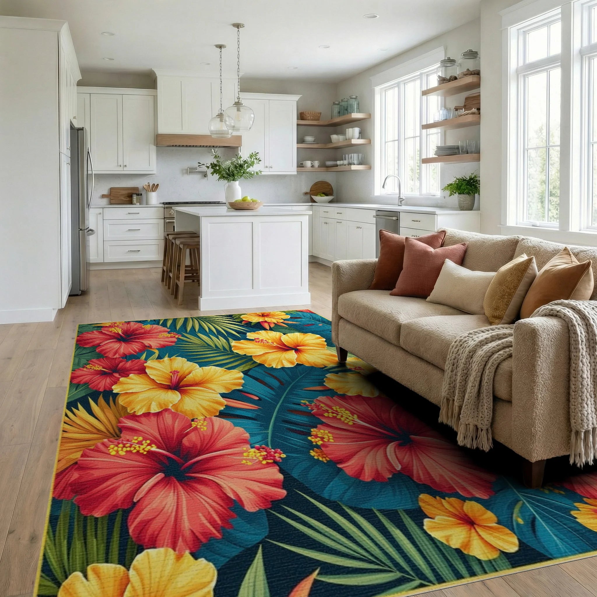 Teal Tropical Hibiscus Palm Rug - Living Room View