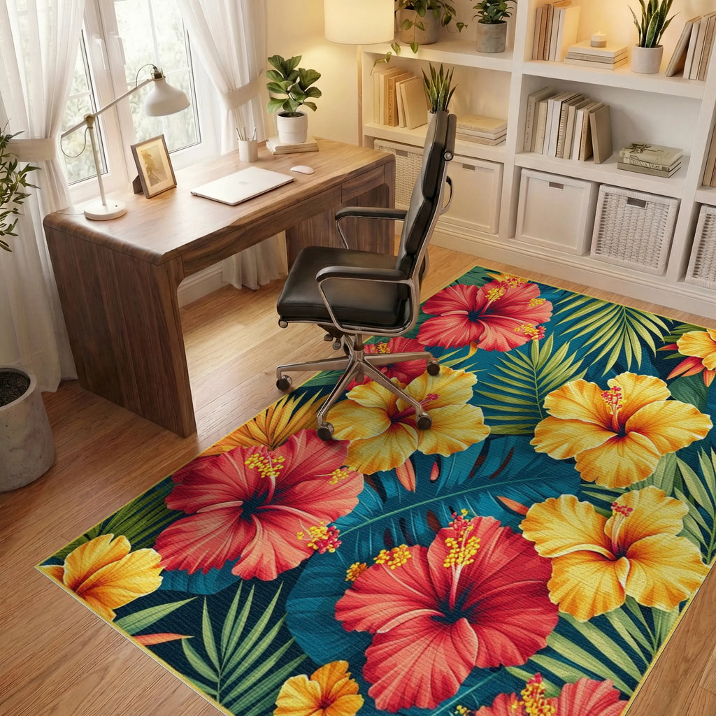 Teal Tropical Hibiscus Palm Rug - Office View
