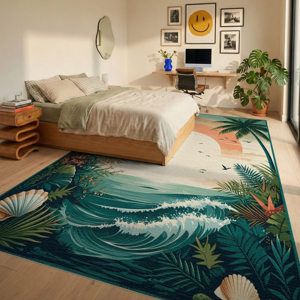 Teal Tropical Palms Sunset Waves Rug - Bedroom View