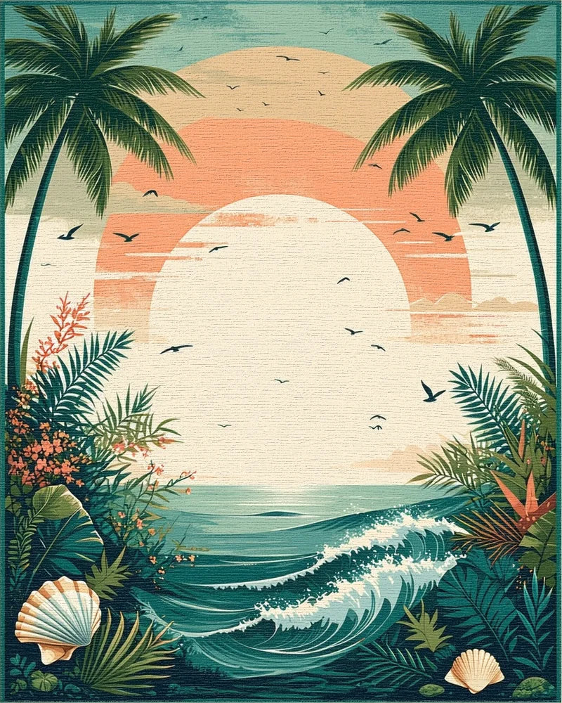 Teal Tropical Palms Sunset Waves Rug - Cutout View