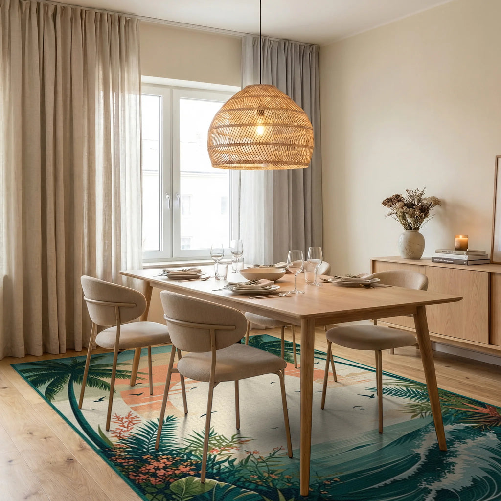 Teal Tropical Palms Sunset Waves Rug - Dining Room View